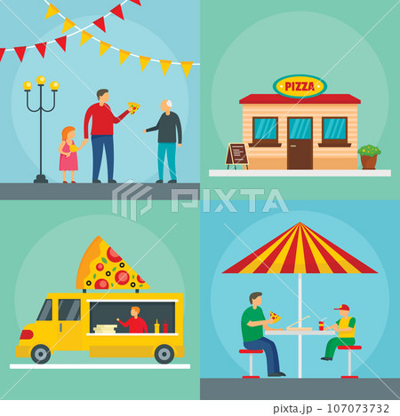 Pizza festival food party banner concept set. Flat illustration of 4 pizza festival food party vector banner concepts for web 107073732