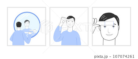 Set of stages character self measuring pupil distance with ruler for order glasses. Flat modern cartoon style blue color Set of stages character self measuring pupil distance with ruler for order glasses. Flat modern cartoon style blue color 107074261