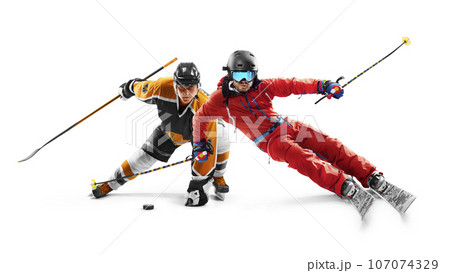 Sport in action. Skiing and hockey. Winter sports. Two professional athletes. Sport collage. Isolated in white 107074329
