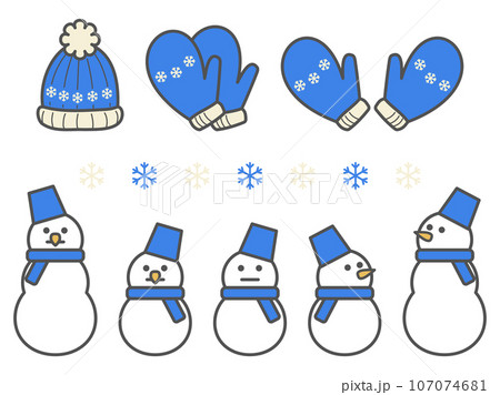 いろんな手袋と雪だるまのかわいい冬の主線ありイラストセット 107074681