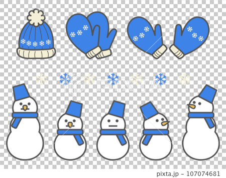 いろんな手袋と雪だるまのかわいい冬の主線ありイラストセット 107074681