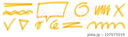 Brush and yellow highlight with marker pen, underline and line elements. Flat vector illustrations isolated in background. 107075039