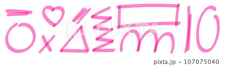 Brush and highlight in pink, marker pen for underlining, pencil doodle. Paint effects and sketches marked with crayon. Flat vector illustrations isolated in background. 107075040