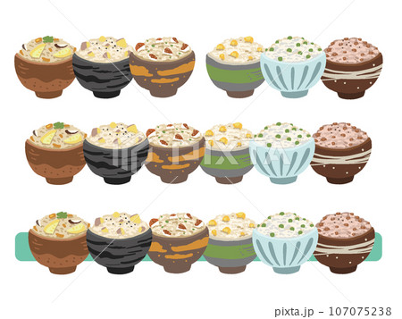 混ぜご飯　炊き込みご飯のシンプル手描き風ラインイラストセット 107075238