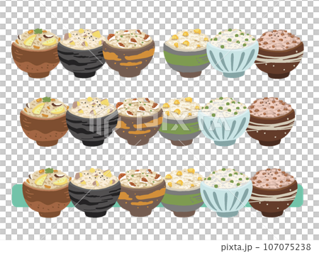 混ぜご飯　炊き込みご飯のシンプル手描き風ラインイラストセット 107075238