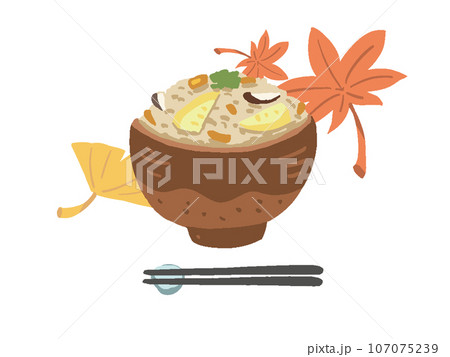 秋の味覚 紅葉とたけのこ炊き込みご飯のシンプル手描き風イラスト 107075239