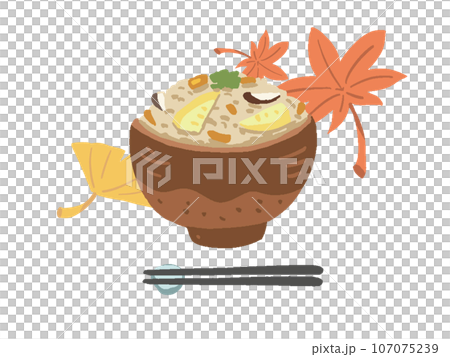 秋の味覚 紅葉とたけのこ炊き込みご飯のシンプル手描き風イラスト 107075239