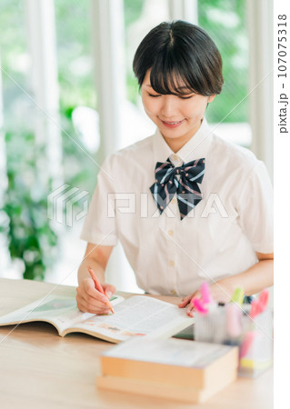 自宅で英語学習をする半袖姿の女性高生 自宅で英語学習をする半袖姿の女性高生 107075318