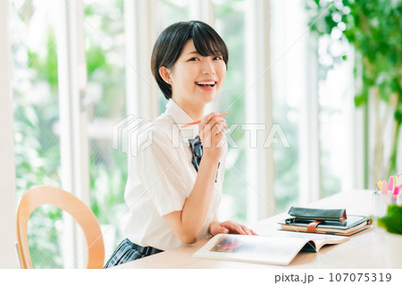 自宅で英語学習をする半袖姿の女性高生 自宅で英語学習をする半袖姿の女性高生 107075319