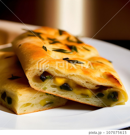 Italian focaccia bread with rosemary and garlic served on plate 107075615