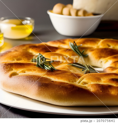 Italian focaccia bread with rosemary and garlic served on plate 107075641