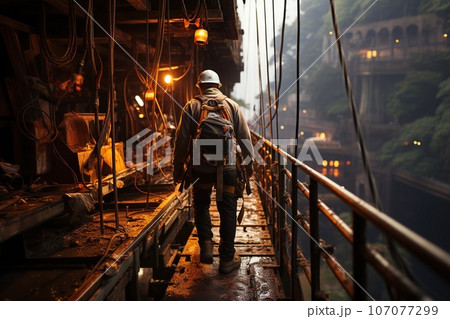 Construction work at height wearing safety harness 107077299