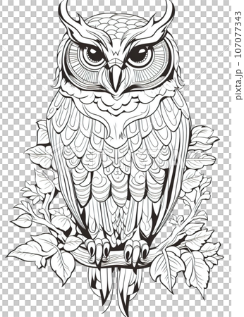 Owl Coloring Page for Adults, Full-Body Owl with Doodles for Relaxation and Stress Relief, Ai generative 107077343