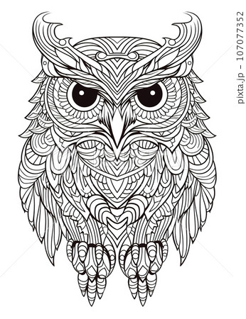 Owl Coloring Page for Adults, Full-Body Owl with Doodles for Relaxation and Stress Relief, Ai generative 107077352