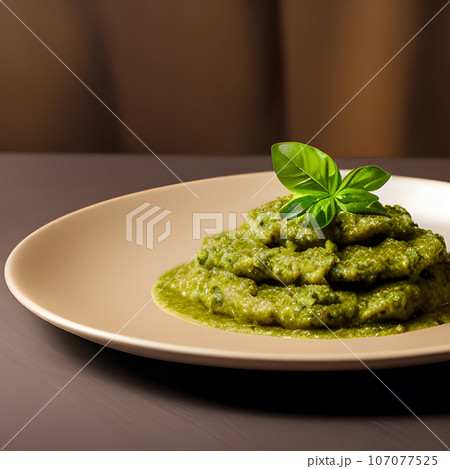 pesto alla genovese served on plate ingredients parmesan basil pine nuts 107077525