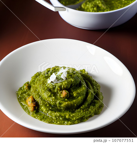 pesto alla genovese served on plate ingredients parmesan basil pine nuts 107077551