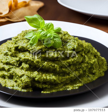 pesto alla genovese served on plate ingredients parmesan basil pine nuts pesto alla genovese served on plate ingredients parmesan basil pine nuts 107077553
