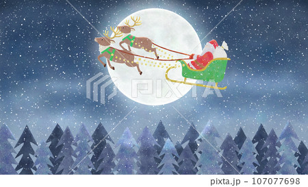 トナカイのそりにのるサンタさんと雪の夜の背景　かわいいクリスマスイラスト 107077698