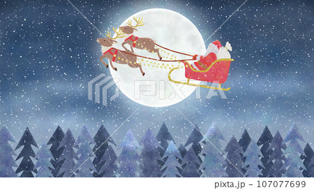 クリスマスイブの夜、トナカイのソリに乗るサンタクロース　雪が降る月夜の綺麗なイラスト 107077699