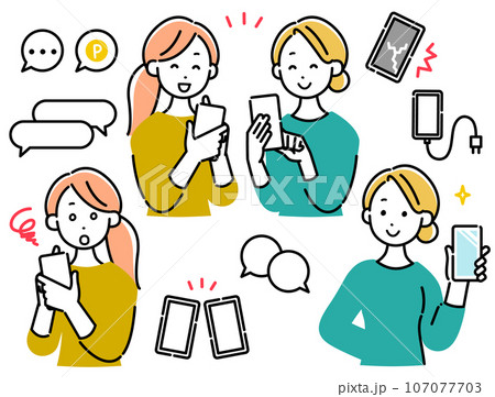 スマートフォンを持った女性 友達同士 ポーズセットとアイコンセット 107077703
