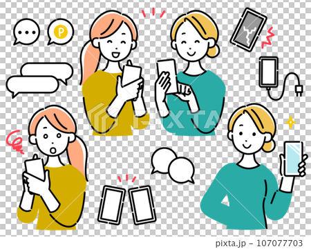 Women with smartphones, friends pose set and icon set Women with smartphones, friends pose set and icon set 107077703