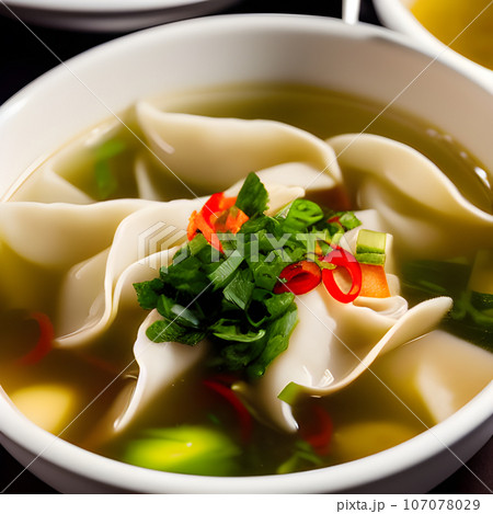 Shrimp dumplings with wonton soup delicious served on bowl 107078029
