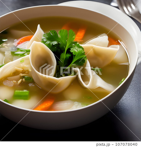 Shrimp dumplings with wonton soup delicious served on bowl Shrimp dumplings with wonton soup delicious served on bowl 107078040