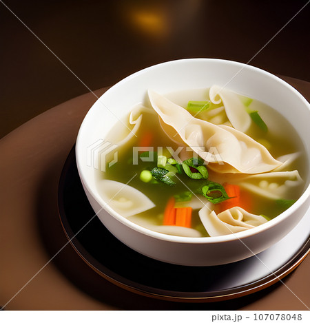 Shrimp dumplings with wonton soup delicious served on bowl Shrimp dumplings with wonton soup delicious served on bowl 107078048
