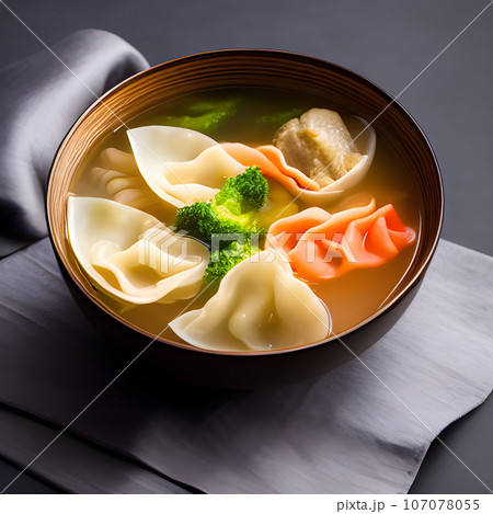 Shrimp dumplings with wonton soup delicious served on bowl Shrimp dumplings with wonton soup delicious served on bowl 107078055