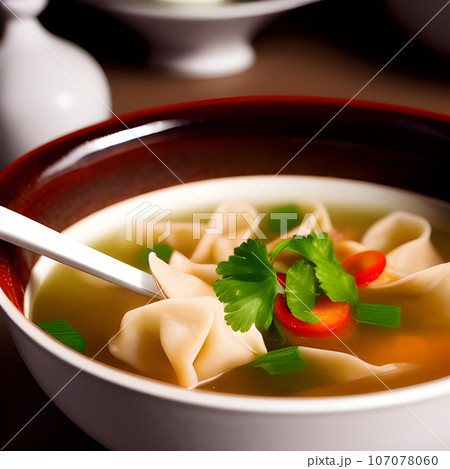 Shrimp dumplings with wonton soup delicious served on bowl 107078060