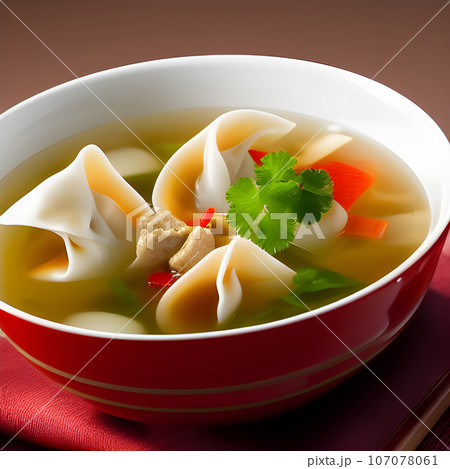 Shrimp dumplings with wonton soup delicious served on bowl Shrimp dumplings with wonton soup delicious served on bowl 107078061
