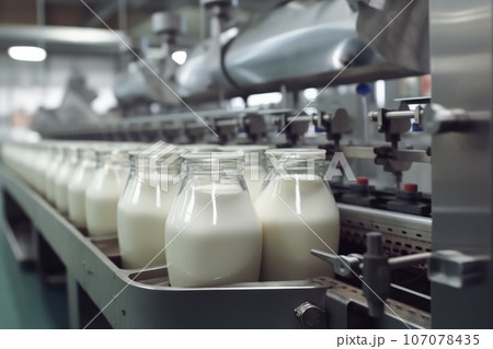 Milk bottles on a conveyor belt in a modern dairy factory 107078435