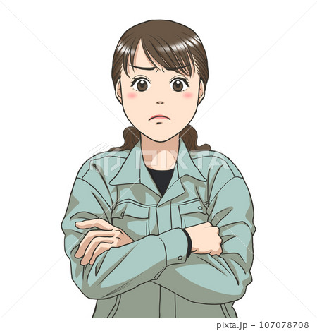腕を組んで憮然とする作業服の女性 107078708
