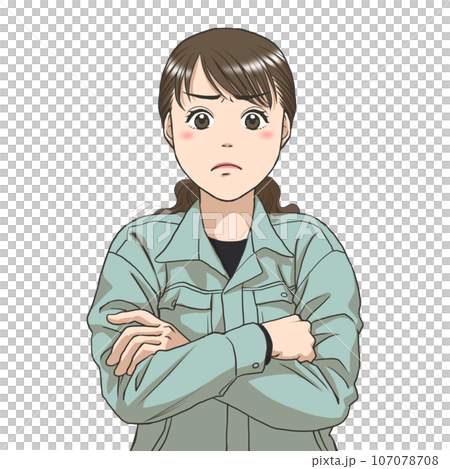 穿著工作服的女人雙手交叉，看起來很沮喪 107078708