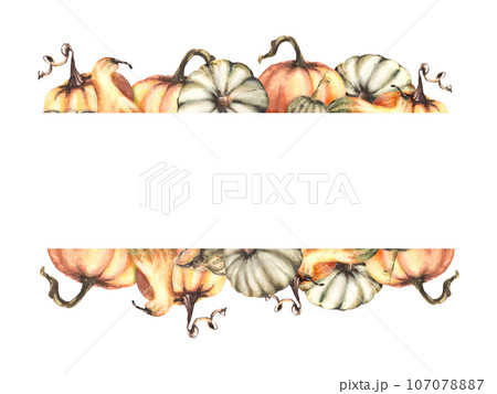 Fall pumpkins textless banner, frame. Autumn vegetables harvest Isolated watercolor illustration on white background. botanical design for your halloween, thanksgiving, invitation, print greeting card Fall pumpkins textless banner, frame. Autumn vegetables harvest Isolated watercolor illustration on white background. botanical design for your halloween, thanksgiving, invitation, print greeting card 107078887