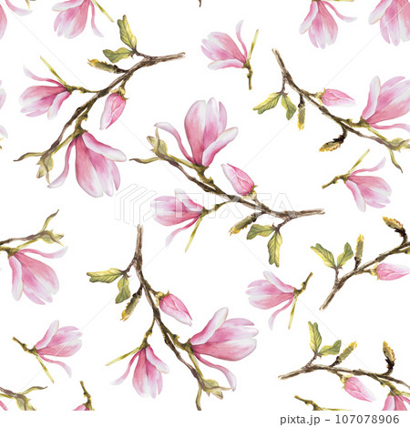 Magnolia pink flower bough seamless pattern. Watercolor hand drawn Illustration isolated on white background. Floral repeating design for your print, textile wrapping wallpaper cover, carpets, fabrics Magnolia pink flower bough seamless pattern. Watercolor hand drawn Illustration isolated on white background. Floral repeating design for your print, textile wrapping wallpaper cover, carpets, fabrics 107078906