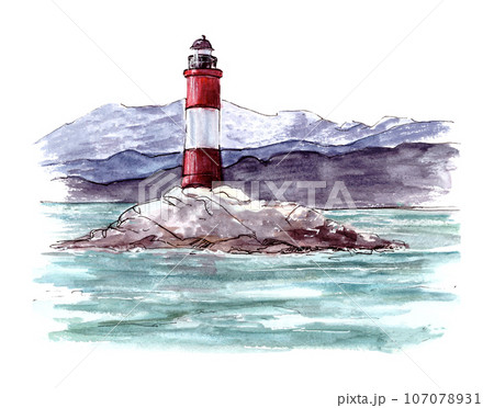 Seascape Les Eclaireurs Lighthouse Famous landmark on Beagle channel near Ushuaia, Tierra del Fuego, Patagonia, Argentina. Watercolor hand painting illustration isolated on white background  107078931