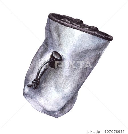 Grey chalk textile belt bag for rock climbing, bouldering equipment. Watercolor illustration isolated on white background. Element for design of stickers, brochures, posters, cards, print, logo 107078933