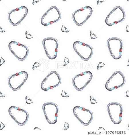 Metal sport grey climbing carabiner seamless pattern. Isolated on a white background Hand drawn illustration Boulder equipments Repeating design for wrapping paper, wallpaper, textiles packaging print Metal sport grey climbing carabiner seamless pattern. Isolated on a white background Hand drawn illustration Boulder equipments Repeating design for wrapping paper, wallpaper, textiles packaging print 107078938