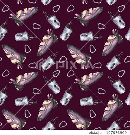 Grey chalk belt bag, sport climbing carabiner, bouldering shoe seamless pattern. Isolated on dark background Hand drawn illustration Boulder equipments Repeating design for wrapping paper, wallpaper 107078969