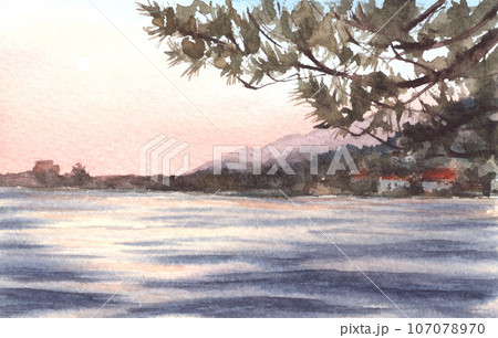 Romantic watercolor seascape illustration. Colourful sunset at the sea with the cloud and reflection on the water. Hand drawn background Design for cover page, banner, booklet, landing page, postcard 107078970