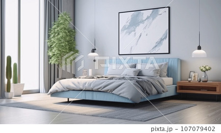 窓から朝日が差し込む白とグレーのベッドルーム white gray bedroom Ai画像生成 107079402