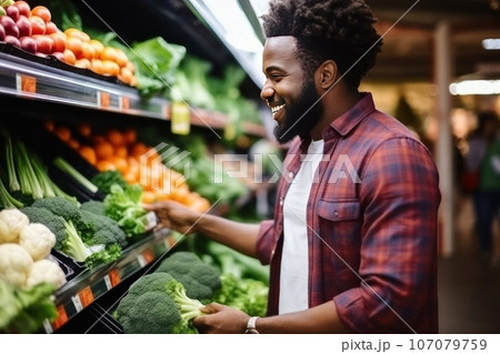 Young African American man shopping in grocery store. Young African American man shopping in grocery store. 107079759