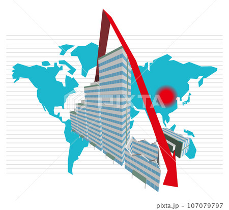 中国のバブル崩壊グラフイメージ 欧米中心世界地図 ベクターイラストレーション 中国のバブル崩壊グラフイメージ 欧米中心世界地図 ベクターイラストレーション 107079797