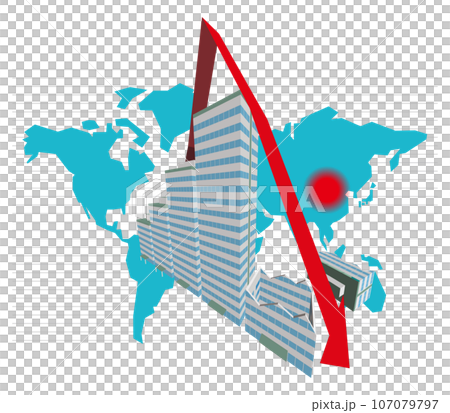 中国のバブル崩壊グラフイメージ 欧米中心世界地図 ベクターイラストレーション 中国のバブル崩壊グラフイメージ 欧米中心世界地図 ベクターイラストレーション 107079797