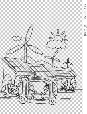 自動運転車や自然エネルギーの活用による脱炭素社会の実現のイメージイラスト（線画） 107080355