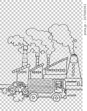 工場や車の排気ガスによる大気汚染のイメージイラスト(線画) 工場や車の排気ガスによる大気汚染のイメージイラスト(線画) 107080361