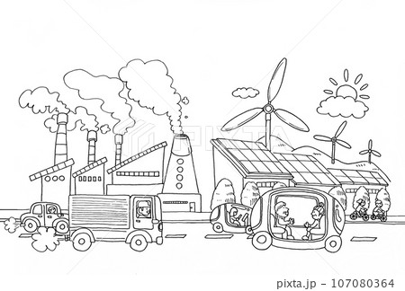 脱炭素社会・カーボンニュートラルの実現に向けたビフォーアフターのイメージイラスト(線画) 脱炭素社会・カーボンニュートラルの実現に向けたビフォーアフターのイメージイラスト(線画) 107080364