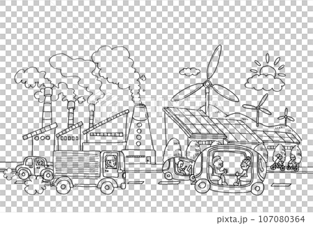 脱炭素社会・カーボンニュートラルの実現に向けたビフォーアフターのイメージイラスト(線画) 脱炭素社会・カーボンニュートラルの実現に向けたビフォーアフターのイメージイラスト(線画) 107080364