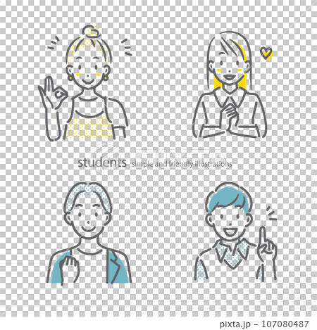 若者男女4人のアバターイラストセット　シンプルでお洒落な線画イラスト 107080487